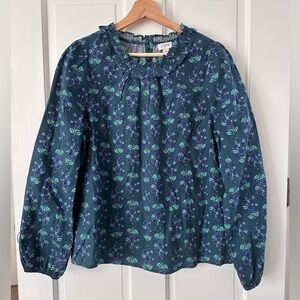 J. Crew Long Sleeve Ruffleneck Poplin Blouse Floral Spruce Antique Navy Size M
